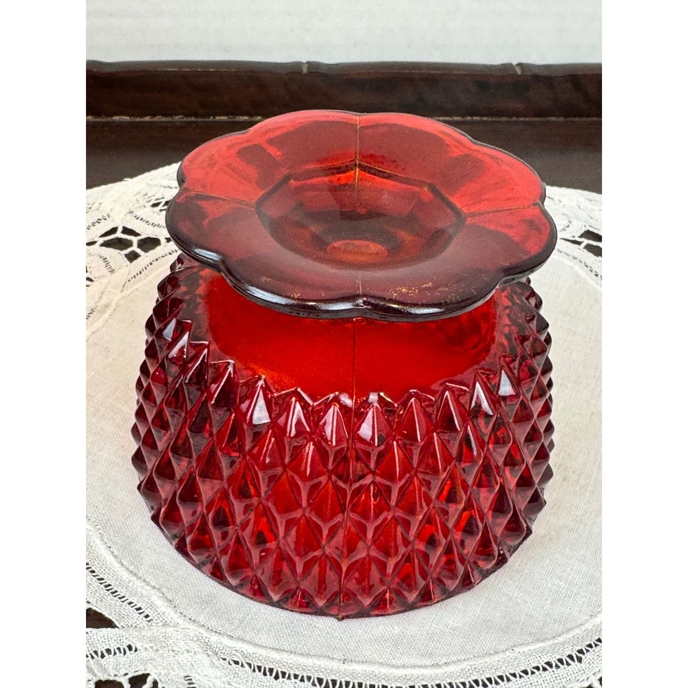 Vintage Indiana Glass Ruby Red Fairy Lamp Diamond Point Two Piece Candle Holder - Picture 9 of 10